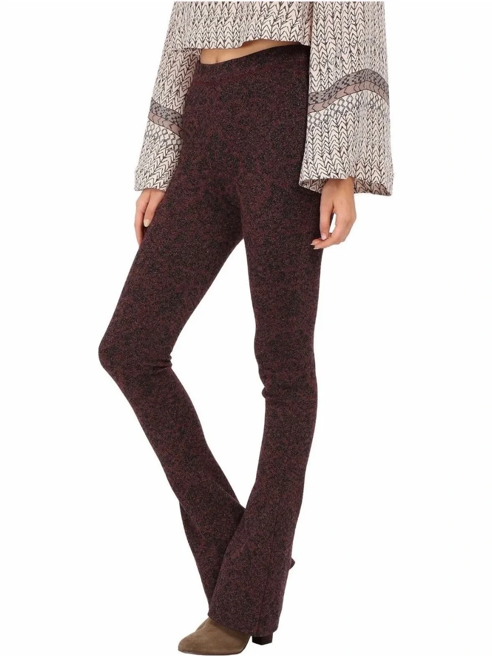 Free People  Wine/|Black Combo Stretch Lurex Sweater Flare Pants - $128
